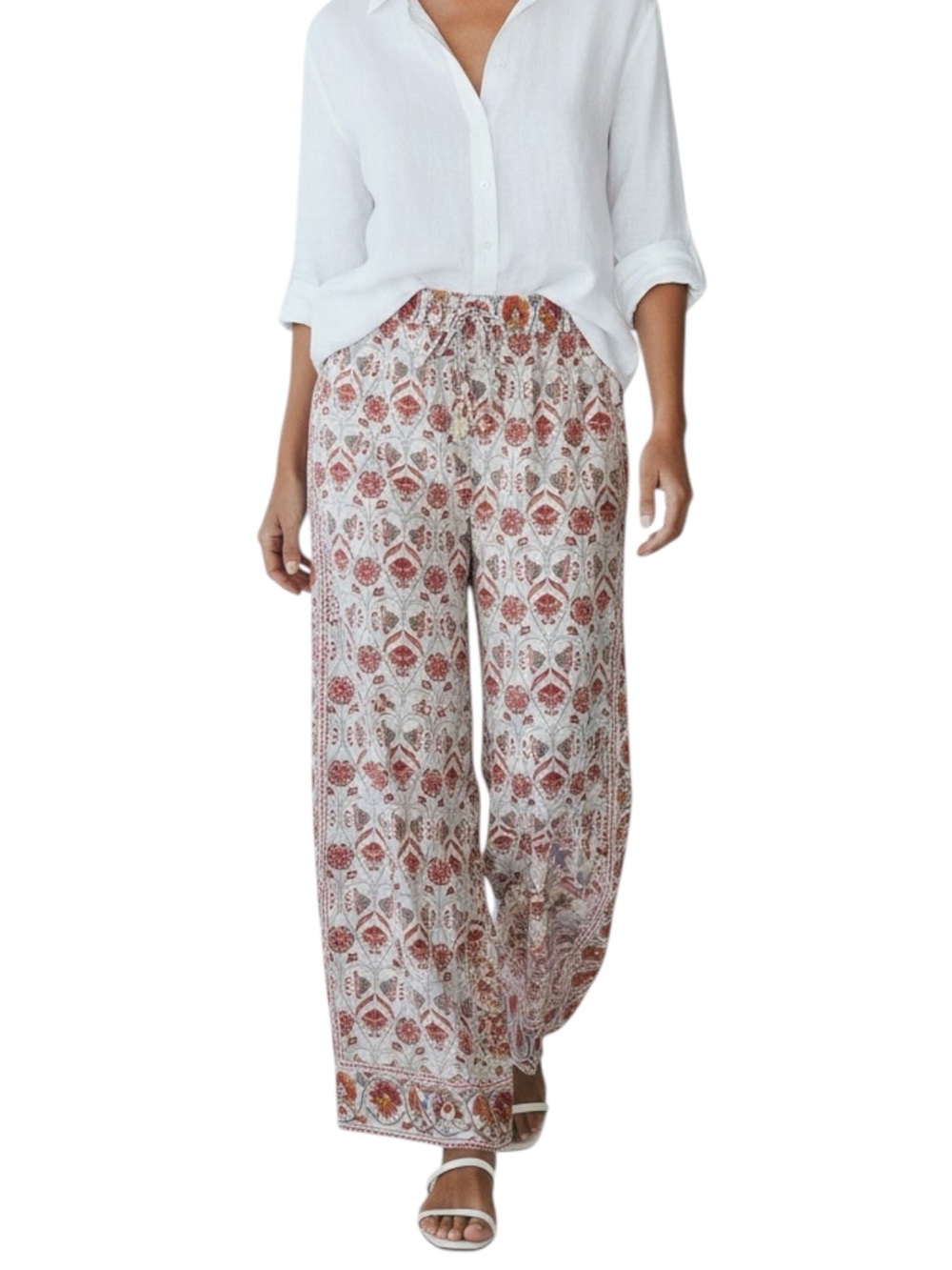 ARTELIER NICOLE MILLER Wide-Leg Relaxed Pants White with Rust Floral Size S —NWT